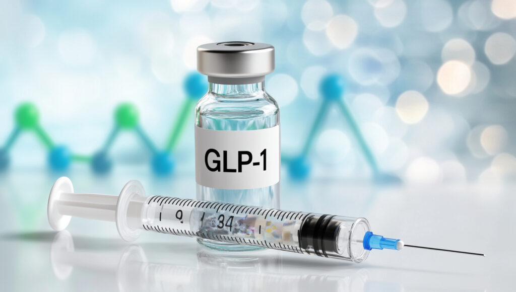 syringe and vial labeled GLP 1 are prominently displayed, symbolizing medical advancements and treatments. background features blurred, colorful pattern, enhancing focus on medical items syringe and vial labeled GLP 1 are prominently displayed, symbolizing medical advancements and treatments. background features blurred, colorful pattern, enhancing focus on medical items